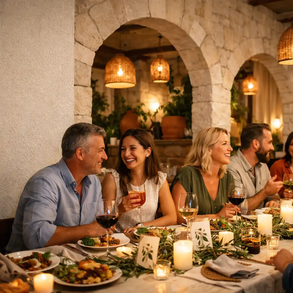 Goście przy tematycznie nakrytym stole w ciepłym wnętrzu restauracji